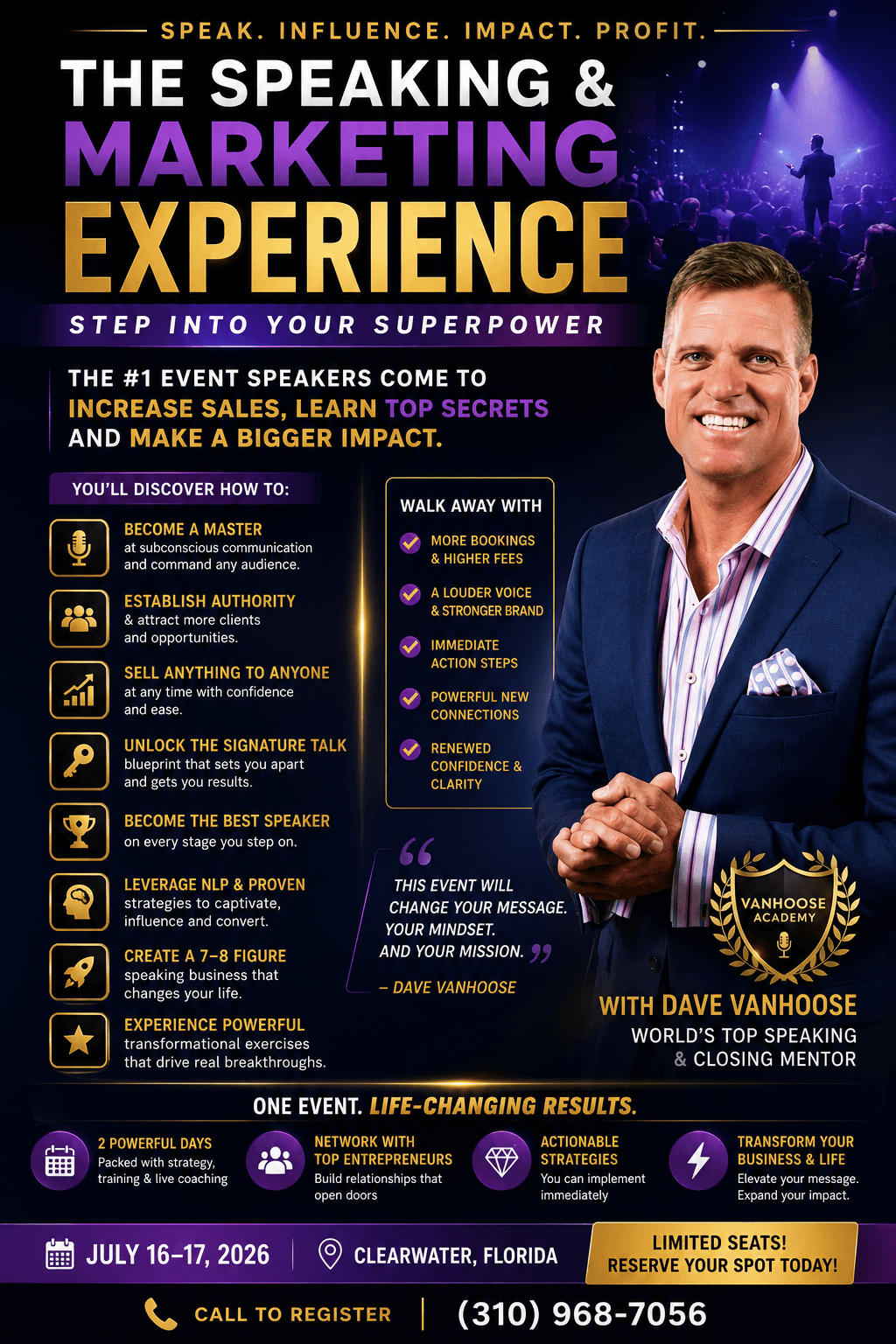 Speaking & Marketing Experience flyer — July 16-17, 2026